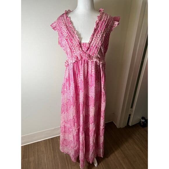 Banjanan Dresses & Skirts - Banjanan Pink White Print Flutter Sleeve Tiered Cotton Maxi Dress Sz M